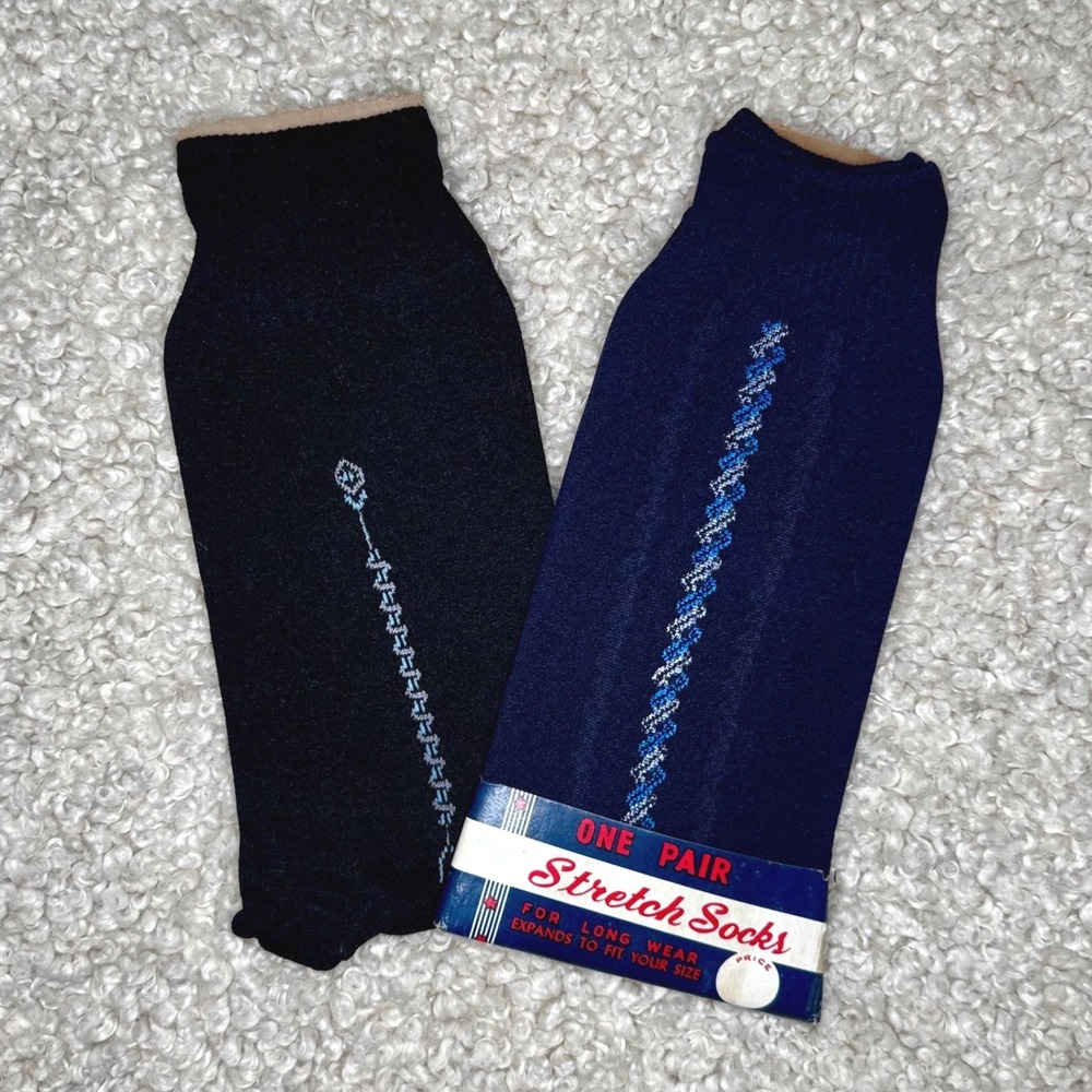 Vintage Deadstock Men's Navy & Blue Nylon Stretch Dress Socks Size 10-13
